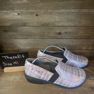 Womens Therafit Annie Leather Plaid Check Comfort Clogs Shoes Size 10.5-11 M EUC